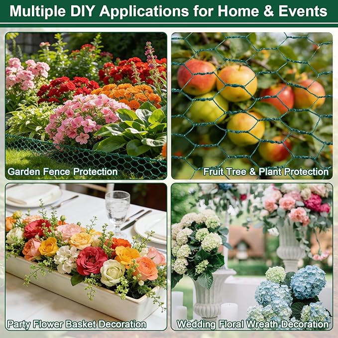 Floral Chicken Mesh for Craft, 4 x 236 Inch Galvanized Hexagonal Netting Roll, Lightweight Garden Poultry Fence for Coop & Rabbit, Metal Mesh Kit with Gloves, Ties and Plier