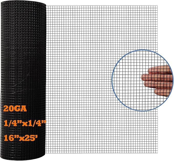 Black PVC Coated Hardware Cloth 16 Inch x 25 Foot -1/4 Inch x 1/4 Inch 20GA