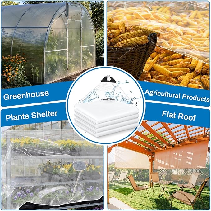 4 Pcs 6x8 ft Clear Tarp with Grommets Heavy Duty Transparent Tarp Waterproof 8mil Green House Cover with Rope for Plant Garden Patio Chicken Coop Porch (Classic Style)