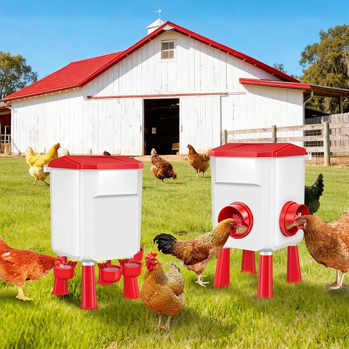 Chicken Feeder and Waterer Set with 2 Gallon/17.6 Pounds, Automatic Chick Feeder and Waterer Set No Waste， Poultry Feeder Large for Hens/Ducks/Poultry