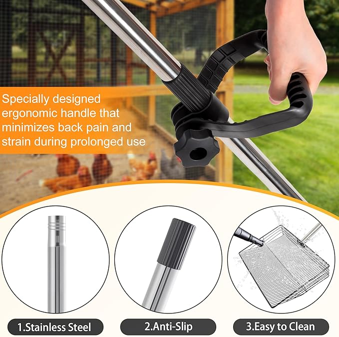 Large 15inch Chicken Poop Scooper, Chicken Coop Accessories 24-68" Long Litter Scoop with Ergonomic Grip, 5-in-1 Multifunctional Heavy Duty Litter Sifting Shovel for Coop, Goat Stall, Stable Cleaning