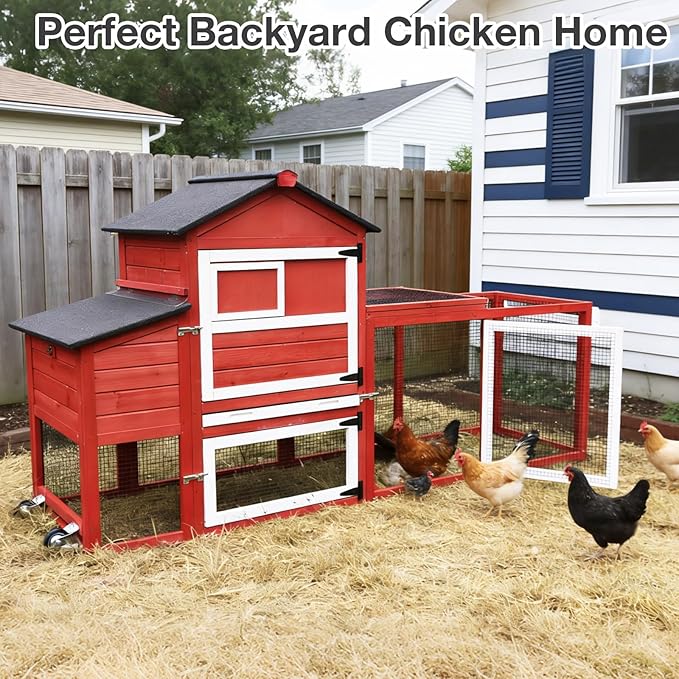 Large Mobile Chicken Coop Wooden with Wheels, Expandable Outdoor Chicken House with Nesting Box & Pull-Out Tray, Easy-Clean Poultry Coop for 2–3 Chickens & Ducks