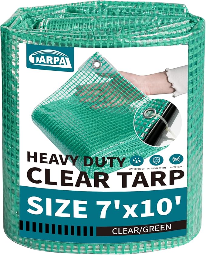 TARPAL 7'x10' Clear Green Tarp Heavy Duty Waterproof 12mil with Grommets or Zip Ties for Small Greenhouse for Outdoors Garden,Farm,Chicken Coops