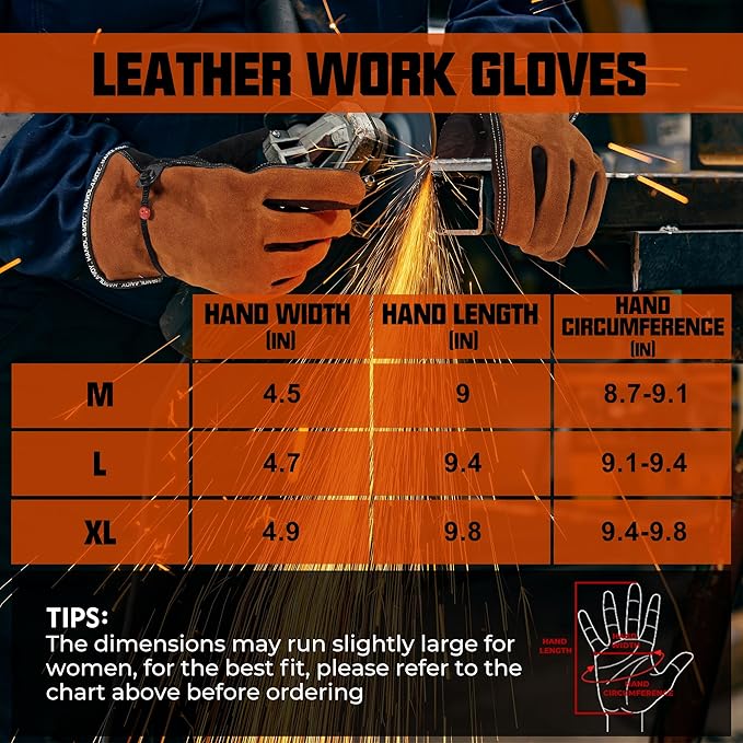 HANDLANDY Leather Work Gloves for Men and Women, Utility Tough Cowhide Glove