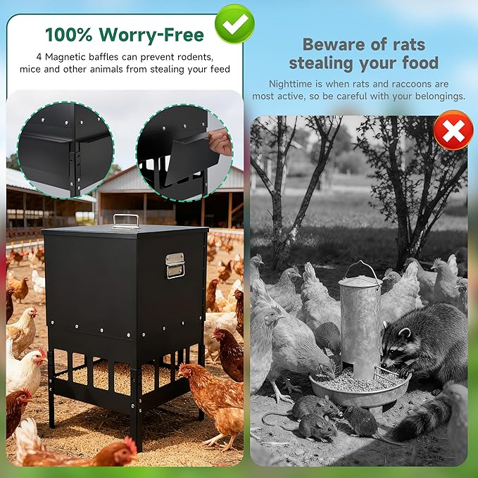 80-100LBS Large Chicken Feeder No Waste 16-Ports Automatic with Magnetic Baffle to Prevent Rodents and Mice Large Poultry Feeder Adjustable Height Suitable for All Poultry, Weatherproof