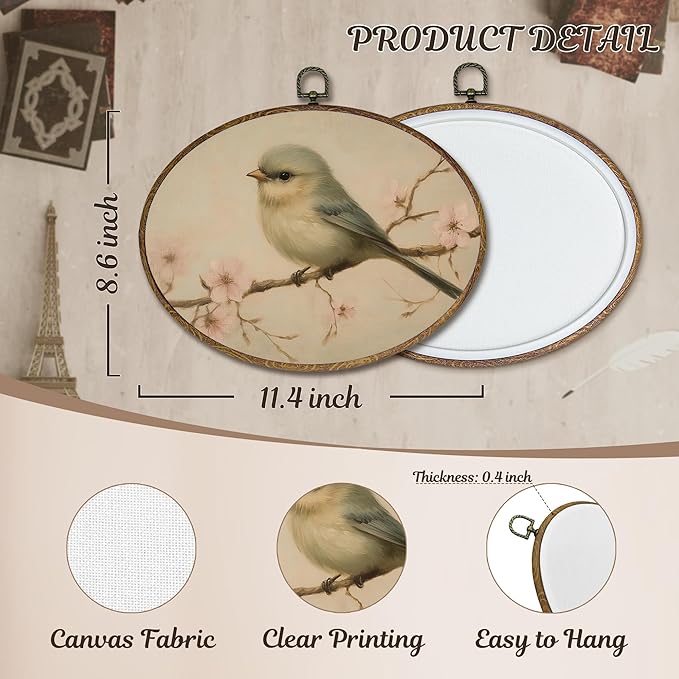 LKETW Vintage Bird Oval Wall Art Decor, Rustic Farmhouse Oval Canvas Hanging Decor, Cottagecore Country Floral Bird Wall Decorations for Home Bedroom Living Room, 8.6x11.4 Inch