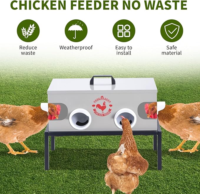 SARUFO Chicken Feeder 25lb 6-Port All-Weather Metal Poultry Feeder with Plugs, Wind and Rainproof, Suitable for Stove with Stand Inside or Outside