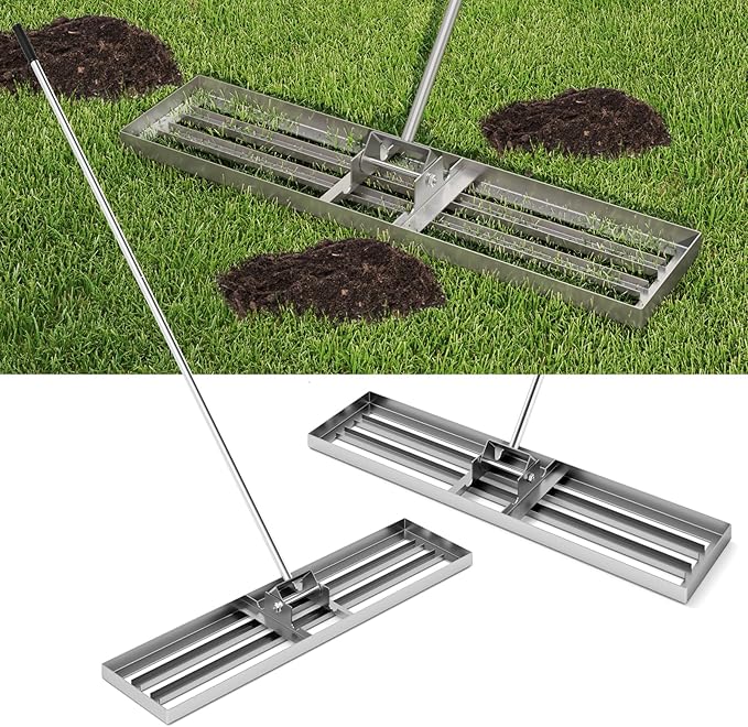 Happygrill Lawn Leveling Rake, Heavy Duty Lawn Level Tool for Soil w/67” Handle, Dirt Ground Leveler, Effort-Saving Landscape Rake for Garden, Backyard, Golf Course, Farm, Pasture (42" x 10", Silver)