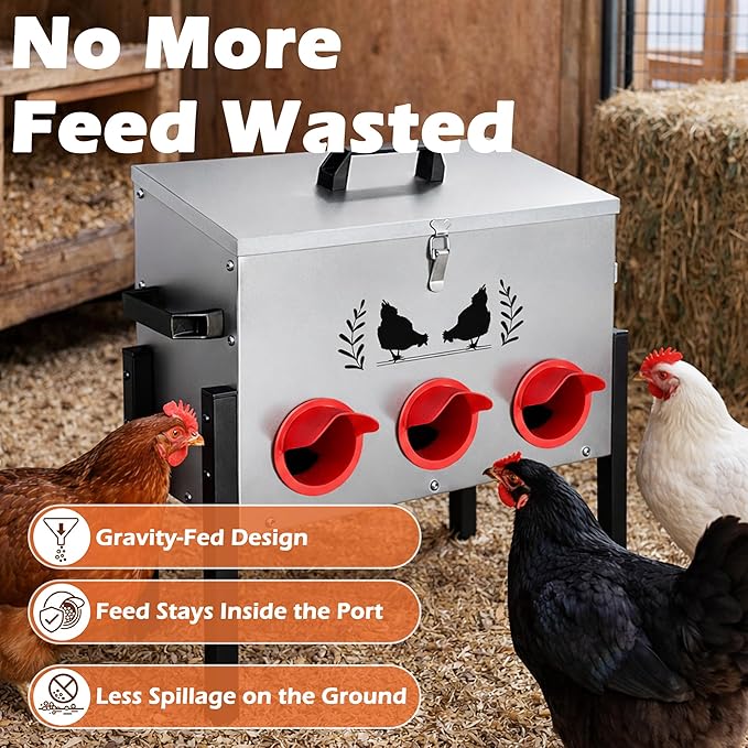 Large Capacity Automatic Chicken Feeder, 6 Port Chicken Feeder, 28LB Metal Chicken Feeders with Locking Lid & Adjustable Legs, No Waste Chicken Feeder, Silver