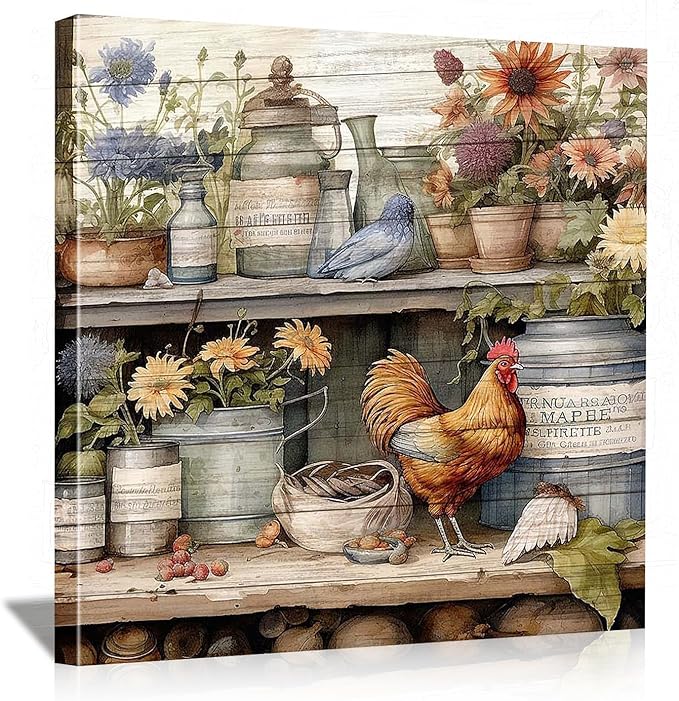 Framed Chicken Wall Art 16x16 Inch Rooster on Flower Stand Canvas Print Farmhouse Country Style Artwork for Kitchen Living Room Rustic Home Wall Decor (Rooster 2, 24L×24W)