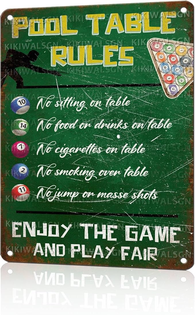 Retro Pool Table Rules Tin Sign Vintage Metal Poster Nostalgic Wall Art Bar Pub Man cave Shop Living Room Bedroom Game Room 16 * 12 In