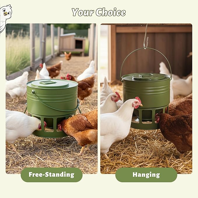 KOL Metal Chicken Feeder - 20lbs No Waste Chicken Feeder with 12 Ports, Powder Coated Rust-Proof Design & Smooth Edges for Safe Feeding (Avocado Green)