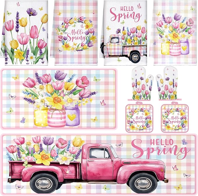 10 Pcs Spring Flower Farmhouse Kitchen Decor Set Dish Towels Kitchen Rugs Oven Mitts and Pot Holders Set for Cooking Baking Grilling Women Mom Daughter Gift(Vibrant Color)