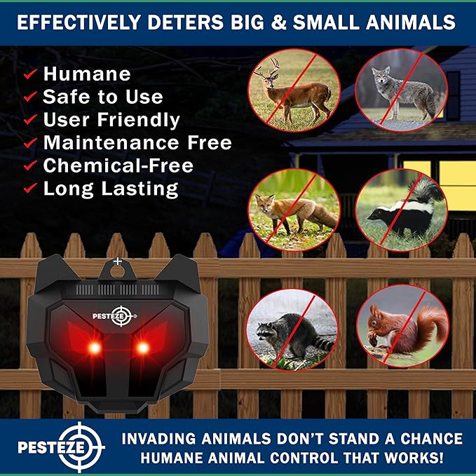 2 Pack PESTEZE Reusable Solar Nocturnal Animal Repeller. Flashing Red Light Deters Unwanted Animals Like Skunk, Deer, Coyote, Fox, Wolf, Rabbitt, Raccoon & Birds to Protect Property & Livestock