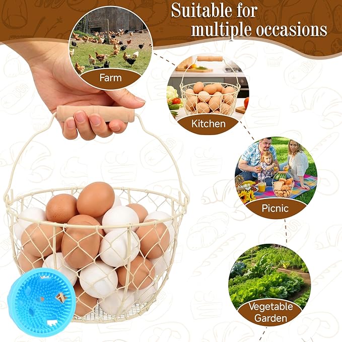 2 Pcs Egg Basket With Handle,Wire Egg Basket for Gathering Fresh Eggs, Round Egg Collecting Basket for Farm,Vintage Style Chicken and Duck Eggs Basket Egg Countertop Storage Container Holder ﻿(White)