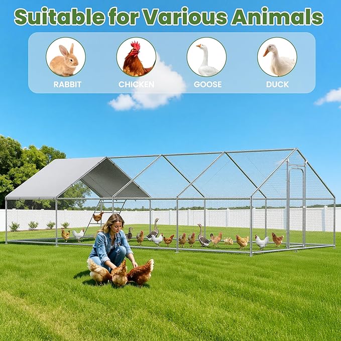 Large Metal Chicken Coop Run with Roosting Perch– Outdoor Waterproof & UV-Resistant Cover for Chickens, Ducks, Rabbits, and Hens in Yard or Farm Use Spire Roof(13.1'Wx26.2'Lx 6.5'H)