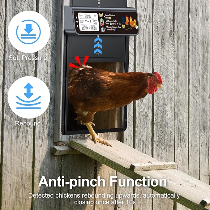 Automatic Chicken Coop Door Solar Powered, LCD Display Automatic Chicken Door with Timer & Light Sensor, Solar Chicken Coop Door with Remote Control, Anti-Pinch Function and Made of Al-Alloy