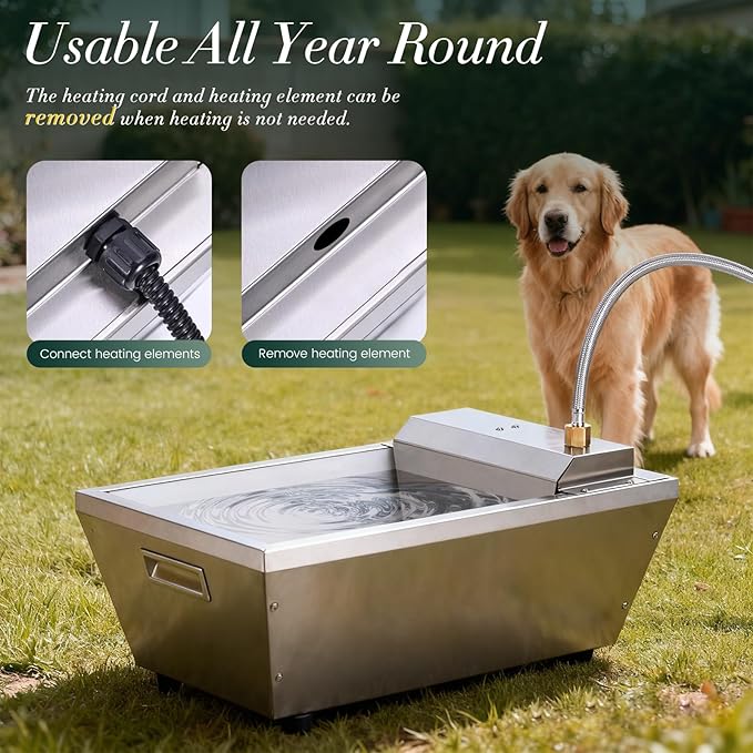 Heated Automatic Livestock Water Trough Heated Dog Water Bowl Outdoor Thermal Water Trough Auto Waterer for Large Dogs Horse Cattle Goat Sheep Pig, Adjustable Temperature & Timer