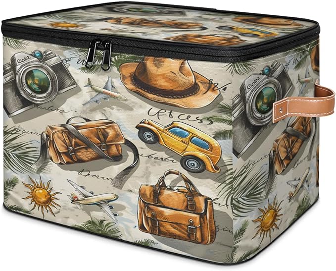 Storage Cubes with Lid Fabric Storage Bins Boxes PU Leather Handles, Cars Travel Closet Organizer Container Foldable Washable Shelf Cloth Basket, Tropical Palm Leaves