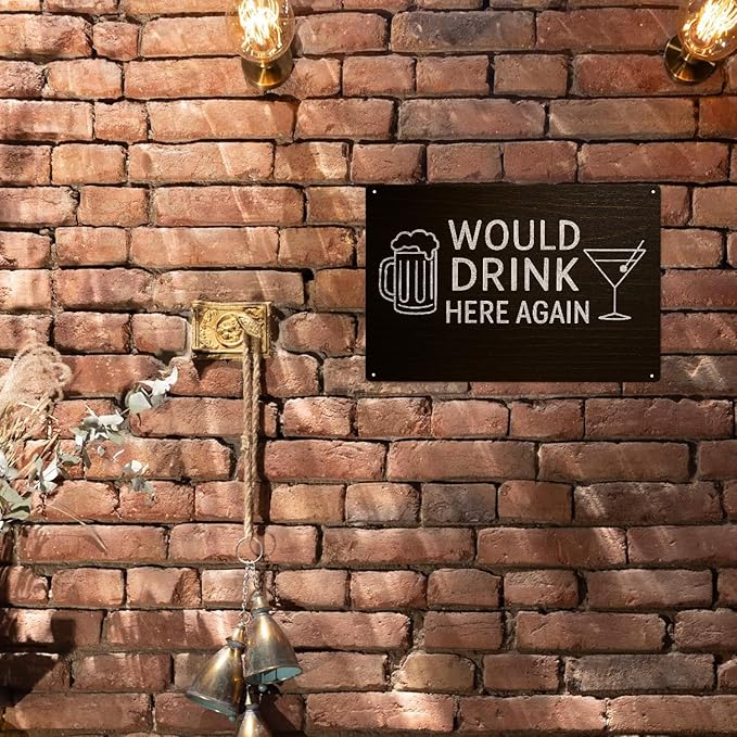 Cool Bar Signs for Home Bar, Metal Man Cave "Would Drink Here Again" Sign, Vintage Beer Wall Decor for Basement, Garage, Outdoor, Alcohol Gifts for Men - 12x8 Inches