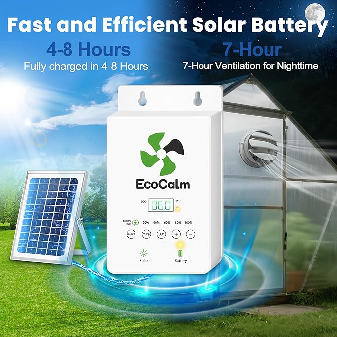 Solar Fan with Battery and Adjustable Thermostat, 8" Solar Powered Fans for Shed with 25W Bifacial Solar Panel & Exhaust Fan for Greenhouse/Outside with Anti-backflow Valve