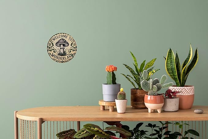 CSWLJS Mushroom Decor Vintage Round Metal Tin Sign “Welcome to Wonderland” 8 × 8 in Wall Decor for Kitchen Living Room Garden Cottage Gift