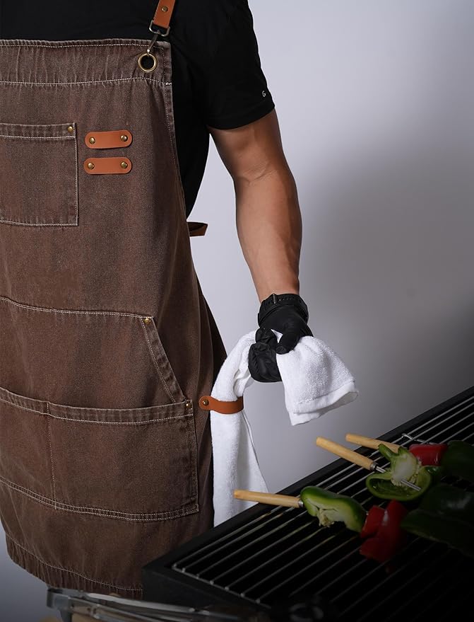 Denim Bbq Apron for Men Women with Pockets Adjustable Cross Back Chef Aprons for Kitchen Cooking Grilling Working