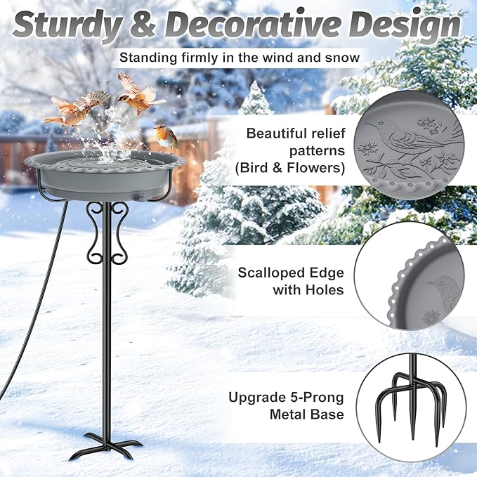 Heated Bird Bath for Outside Winter,100W Thermostat Control Birdbath Bowl with Metal 5-Prong Base,Freestanding Heated Bird Baths for Outdoors Garden Patio Yard Lawn (Gray)