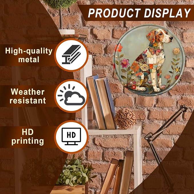 Dog Round Metal Tin Sign Wreath Farm Flowers Rustic Vintage Wall Art Decor for Home Garden Porch Yard Farmhouse Outdoor Decor 12x12inch