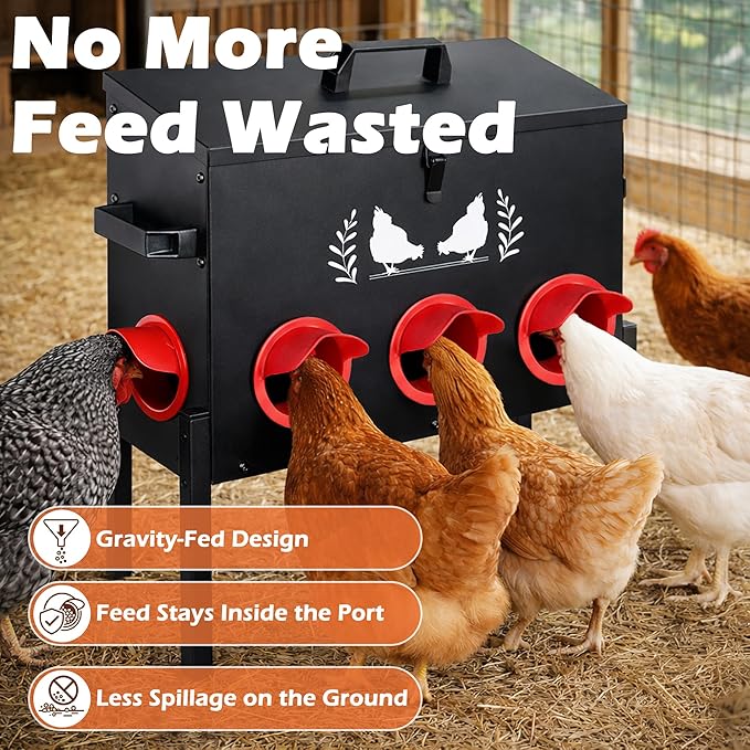 Large Capacity Automatic Chicken Feeder, 8 Port Chicken Feeder, 48LB Metal Chicken Feeders with Locking Lid & Adjustable Legs, No Waste Chicken Feeder, Black