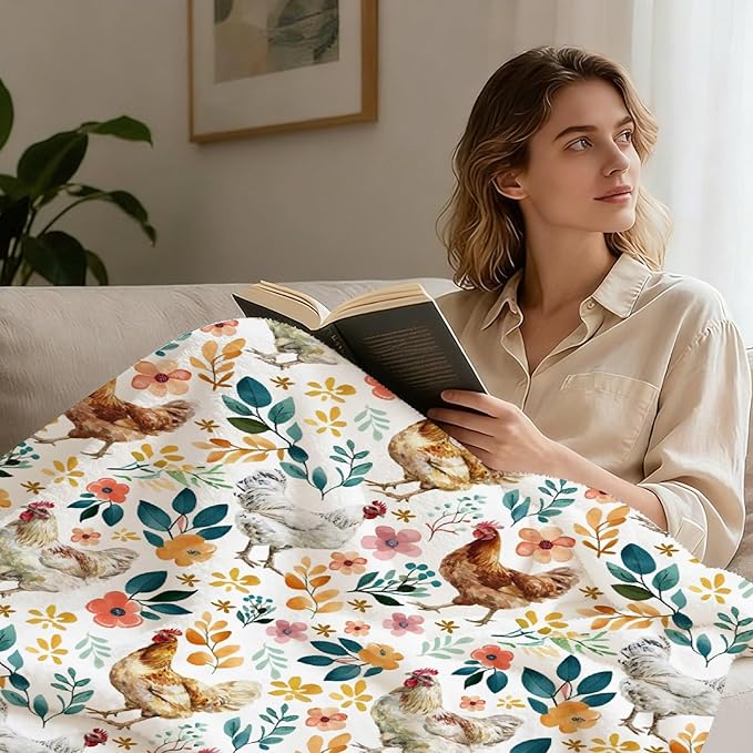 Chicken Blanket for Farmer Lover, Floral Chicken Gifts for Women, Ultra-Soft Rooster Hen Throw Blanket for Couch Bed Living Room, Farmhouse Decor Farm Chicken Lovers Gifts, 40"x50"-Kids/Throw Size