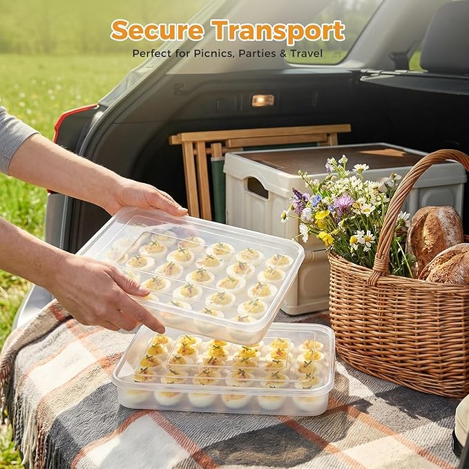 HANSGO Deviled Egg Containers with Lid, Set of 2, Plastic Clear Deviled Egg Tray Holder Carrier for 60 Eggs, Suitable for Refrigerator, Home, Party, Kitchen Supplies, Stackable & Portable
