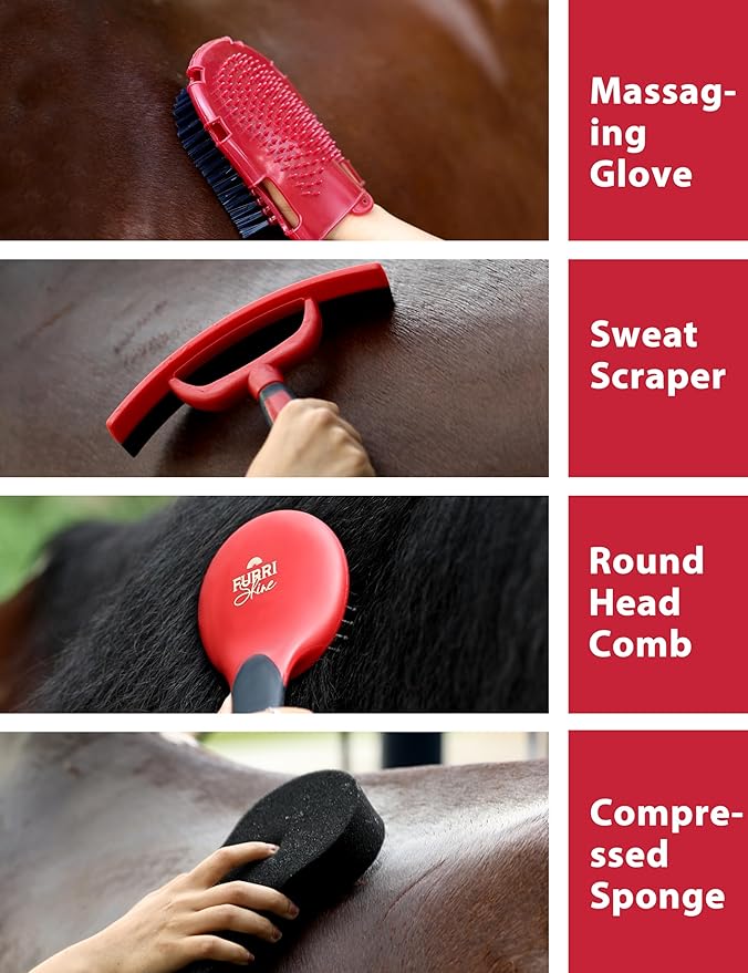 11-Piece Professional Horse Grooming Kit with Waterproof Tote Bag, Non-Slip Silicone Grip Brush Set, Curry Comb, Hoof Pick & Mane Comb Shadowberry