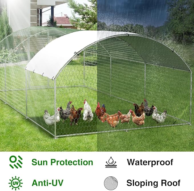 Garvee Metal Chicken Run, 9.8 x 19.7 x 6.6 Ft Metal Chicken Coop for Yard with Waterproof and Anti-Ultraviolet Cover, Dome Roof Walk in Chicken House, Poultry Cage for Hen, Duck and Rabbit
