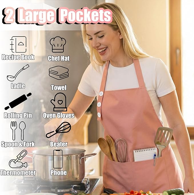 TOSHE Kitchen Apron Waterdrop Resistant Cotton Apron with adjustable Aprons for Women with Pockets 10 Color option Cooking Powder Pink Apron (Powder Pink)