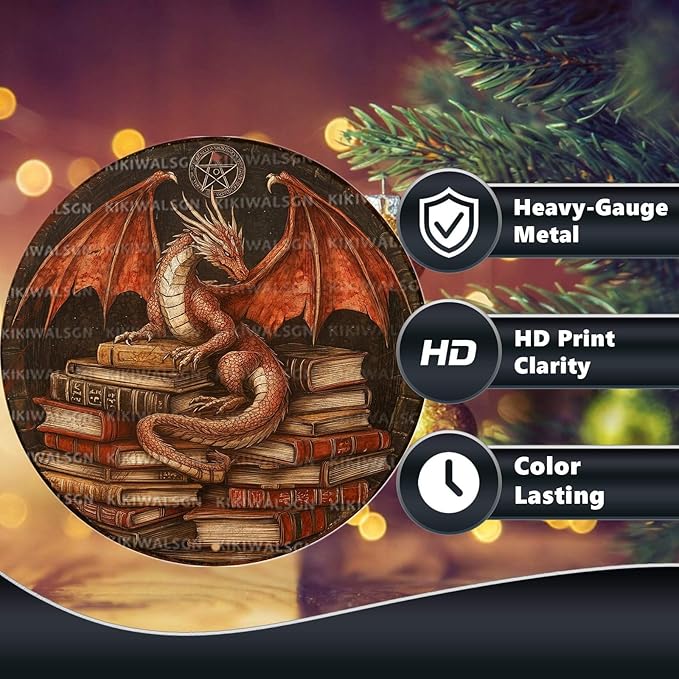 KIKIWALSGN Dragon Decor Vintage Round Metal Sign Retro Books Tin Sign Wall Decor Bedroom Living Room Cafe Library Bookshelf Office 12 * 12 In