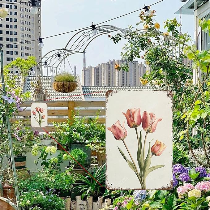 Flowers Metal Signs Tulip Sign Vintage Tin Sign Retro Wall Art Decor for Living Room Bedroom Garden Yard Shop Bar 8×12 Inches
