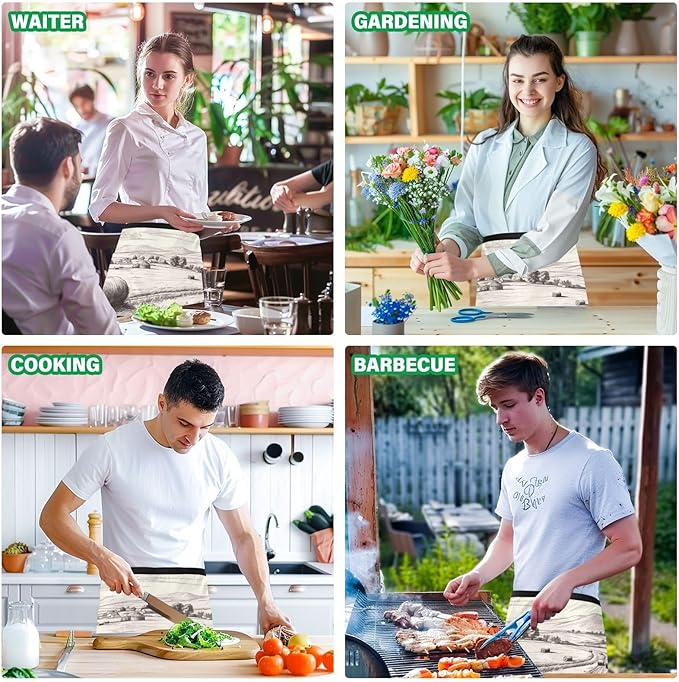 Server Apron with 3 Pockets, Nostalgic Farm Pattern 12 Inch Waist Apron for Waiters Gardeners, Waterproof Half Apron Waitress Apron