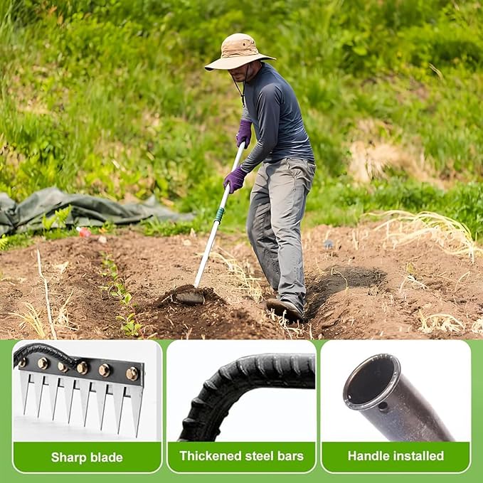 Gardenia Iron Weeding Rake, Hand Weeder Puller Tool, Manual Heavy-Duty Weed Rakes with Detachable Blade, 8 Teeth Manganese Steel Forged Weeder for Vegetable Gardening Backyard Farm Planting