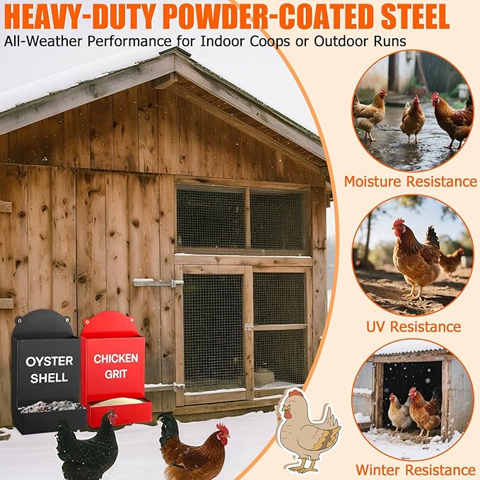 2PCS Heavy Duty Chicken Grit Oyster Shell Feeder - No Waste & No Mess, 6'' x 10'' Rust-Proof Metal Automatic Poultry Feeder, Gravity-Fed Hanging Feeder for Coop, Ducks, Pigeons, Dove