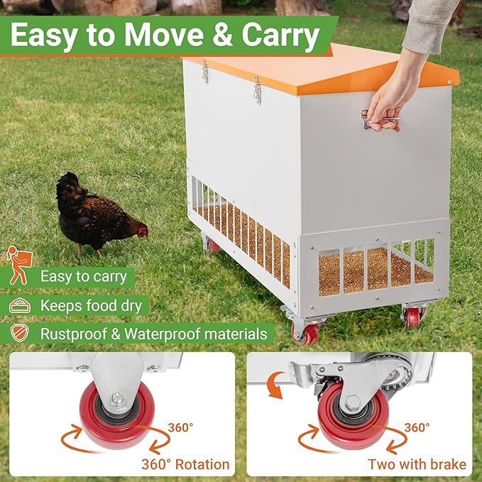 Chicken Feeder with Grille & Wheels, No-Waste 120LBS Capacity Feeder w/ 22 Ports for 20 Chickens, Powder-Coated Steel Feeder w/Waterproof Lid, 37.6”x14.6”x26.2”