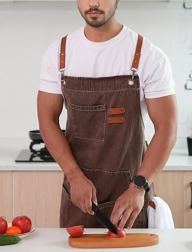 Denim Bbq Apron for Men Women with Pockets Adjustable Cross Back Chef Aprons for Kitchen Cooking Grilling Working