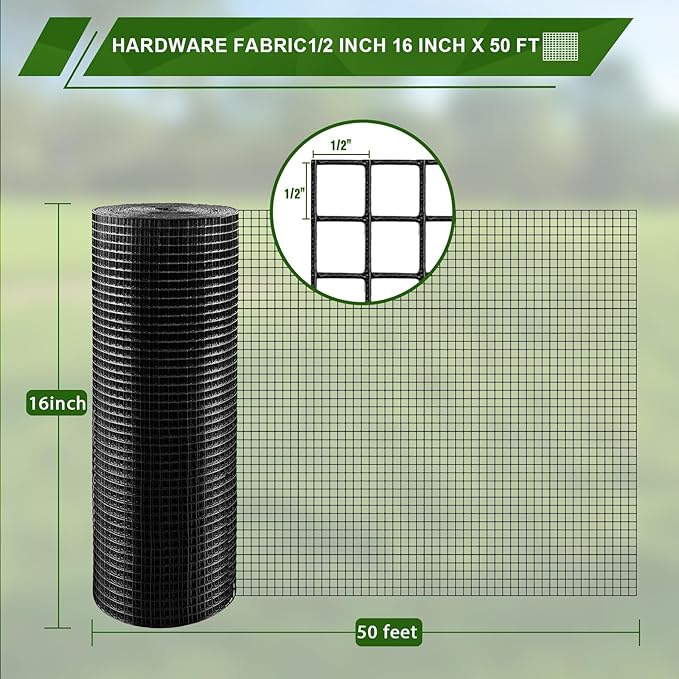 Black Hardware Cloth 1/2 inch 16inx50ft 19 Gauge Galvanized After Welding Chicken Wire Fencing Roll Welded Metal Wire Mesh Roll for Garden Fence and Home Project