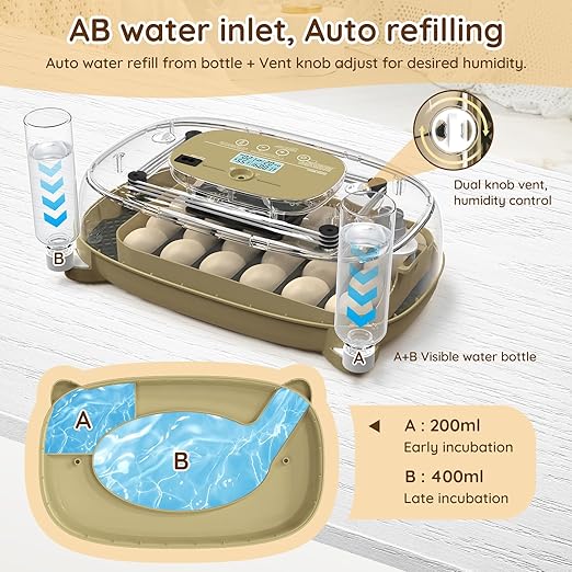 24 Egg Incubator for Hatching Eggs with Temperature and Humidity Control, LED Candling & Auto Turning for Chicken Duck Quail Birds, Ideal for Home Farm, Classroom, Beginners