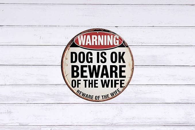 AWISZZZ Beware Of Wife Metal Sign 8x8in Round Humorous Plaque for Garden Gate Wall Decor Couples Warning Gift