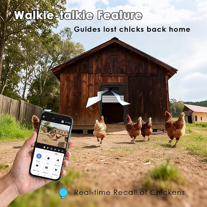 Automatic Chicken Coop Door with HD Camera and APP,Solar Chicken coop Door with Alarm Driver,Night Vision,Remote Controller,Timer,Intercom,Anti-Pinch,5000 mAh Rechargeable Battery