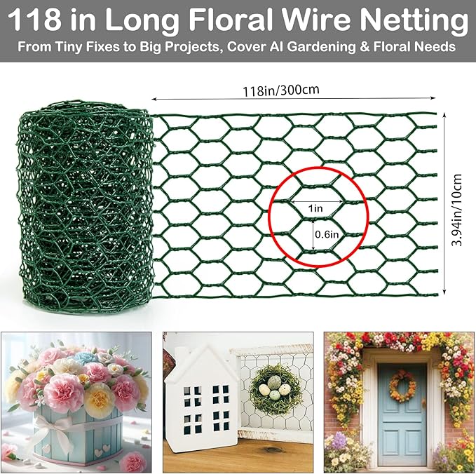 Chicken Wire 4in x 118in with a Pair of Gloves，1 Wire Cutter，50 Pcs Cable Zip Ties, Floral Chicken Wire Mesh 0.8mm Hexagonal Galvanized PVC Coated Garden Netting Fence for Craft Poultry Garden