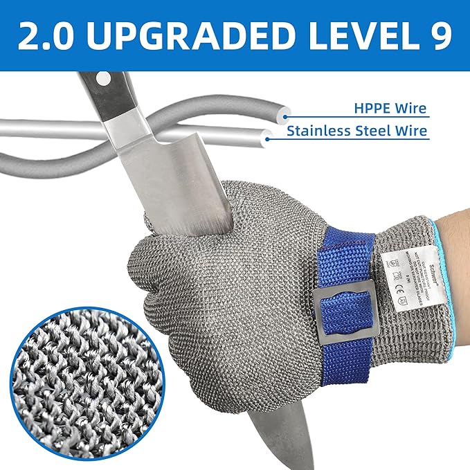 Schwer SlicePro ANSI A9 Cut Resistant Glove PR1707, Food Grade Stainless Steel Wire Metal Gloves, Cutting Gloves for Kitchen, Meat Cutting, Oyster Shucking, Fish Fillet, （M, 2 PCS）