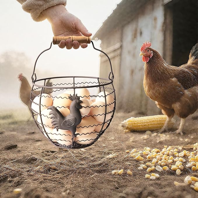Wire Egg Basket for Gathering Fresh Eggs Collecting Basket With Handle,Rusty Chicken Decorated Small Chicken Egg Basket Vintage Style Eggs Holder Basket Countertop for Farmhouse Kitchen Decor
