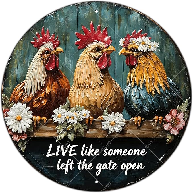 Chicken Wall Decor Live Like Someone Left The Gate Open Poster Funny Farm Chicken Coop Round Metal Tin Signs Home Kitchen Garden Restaurant Rooster Outdoor Yard Wall Art Decor 12 Inch